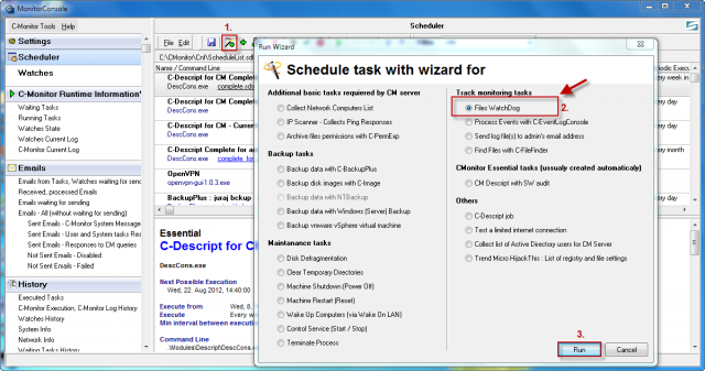 Launch of wizard for setup of monitoring of file changes