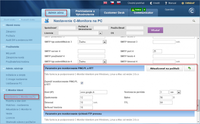 Setup of the address for measuring Ping Packet Loss (PL)  and response time (RTT) on CM portal