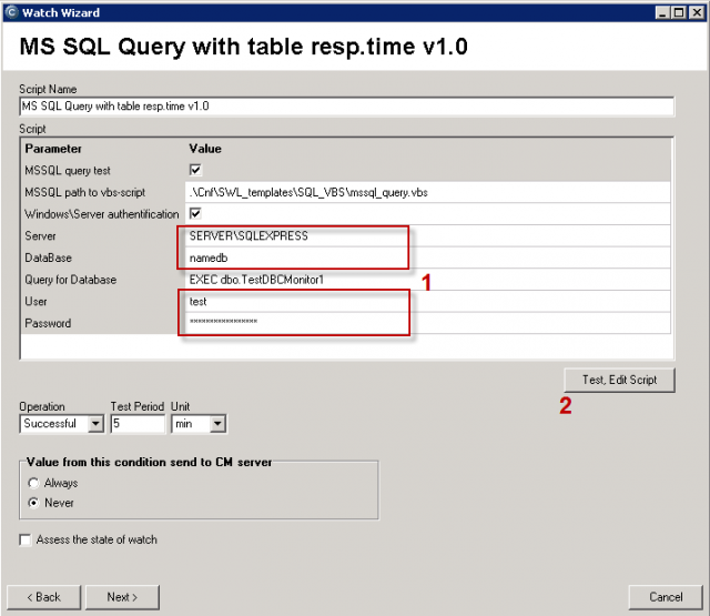 Enter the SQL server (name selection is described in the above case), name of database, access data.