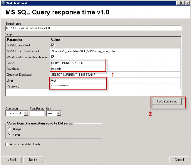 Fields to enter name of the SQL server, name of database, access data.  Continue by testing the script and the entered data