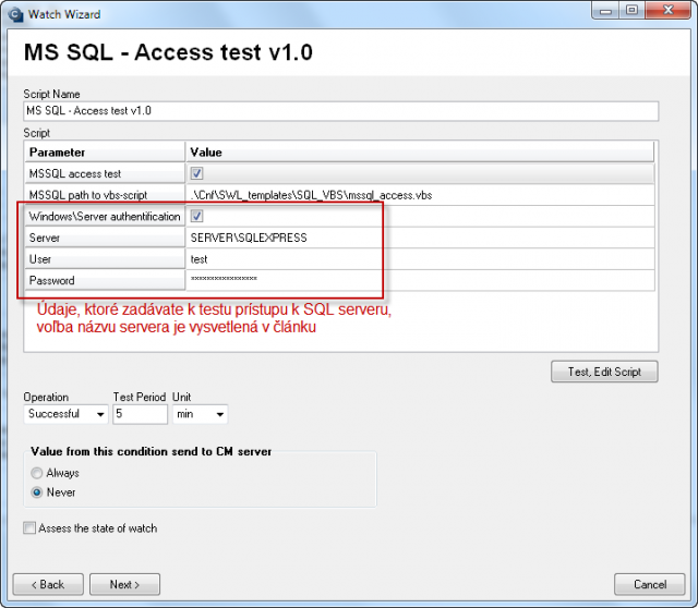 Parameters for configuration of the access test to SQL server