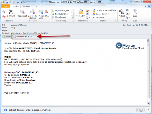 Email with attachment showing the ongoing and final status of the remote test of disk