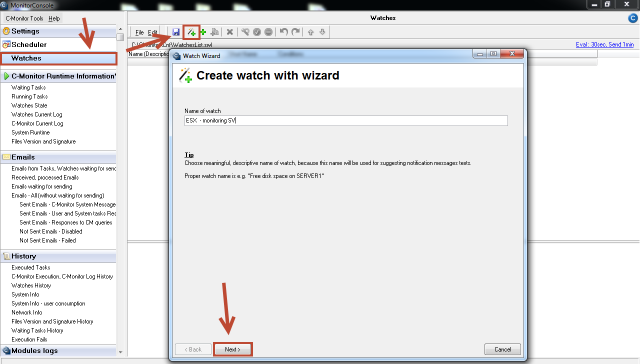 Creation of watch for monitoring of an ESX server
