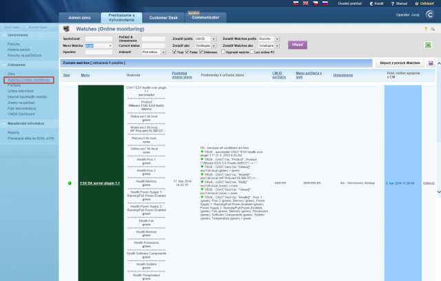 View of the ESX server's status via CM portal 