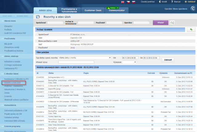 View of a list of executed tasks on CM portal