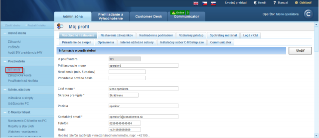 View of an operator account settings