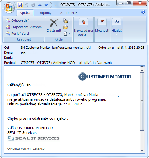 Example of E-mail notification about antivirus error