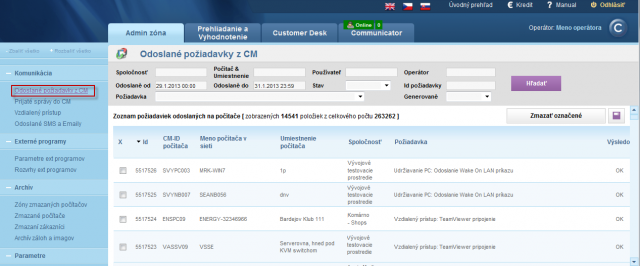 View of requests sent from CM portal to individual PCs