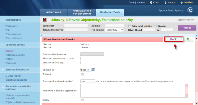 Nastavenie parametrov novej Účtovnej objednávky Nastavenie parametrov novej Účtovnej objednávky