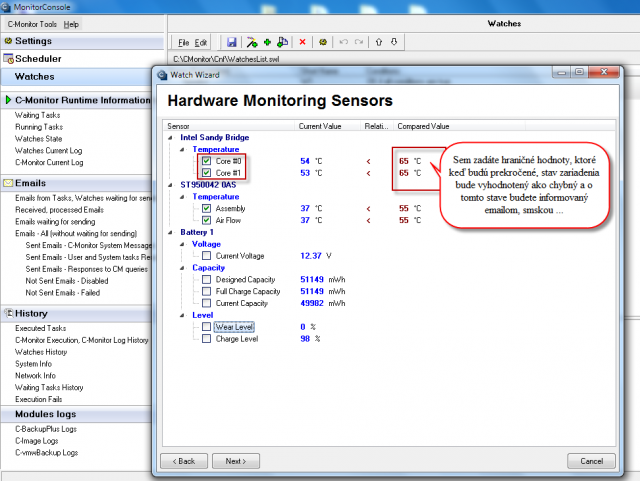 Selection of items for HW monitoring on computers, predefining the monitored values