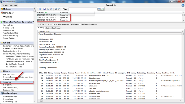 View of System info in C-Monitor Windows client