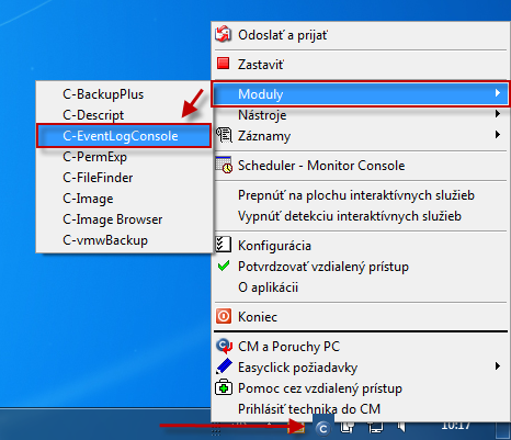 Vstup do modulu C-EventLogConsole cez tray menu C-Monitor ikonky