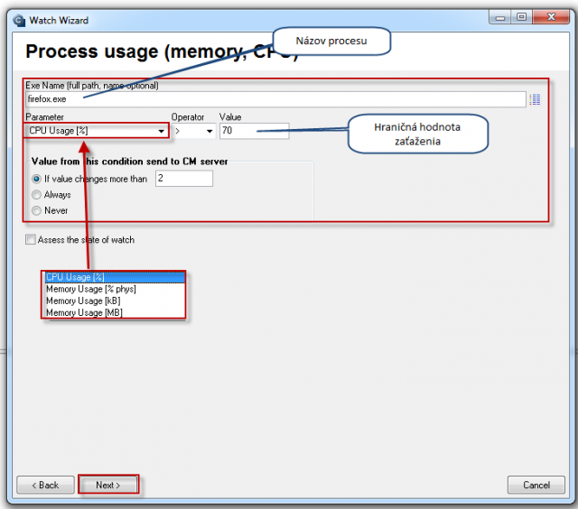 Selection of the process, which is going to be monitored