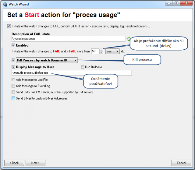 Setup of action, which should be executed when the Watch is switched to Fail state