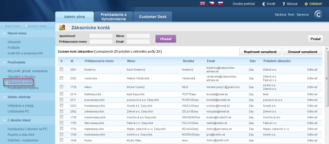 View of the list of customer accounts