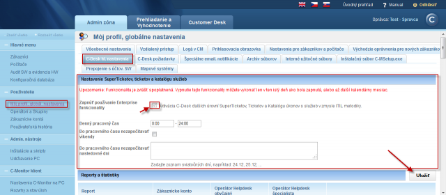 Zapnutie Enterprise (ITIL) funkcií v nastavení správcu